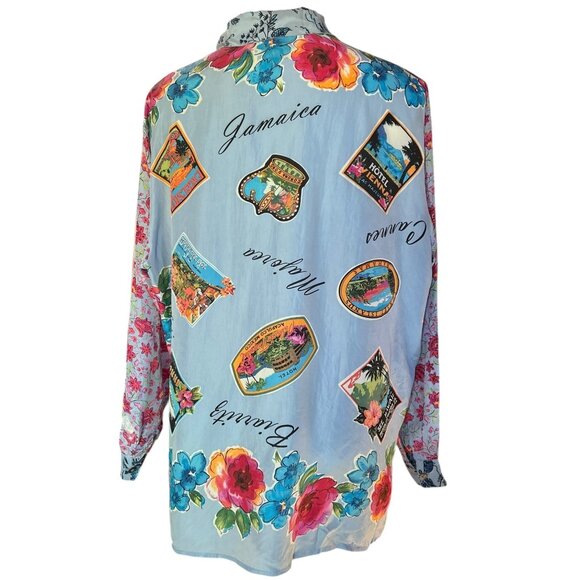Carole Little Womens Silk Button-Up Shirt Dress 14 Island Prints Long Sleeve 80s - Picture 3 of 16